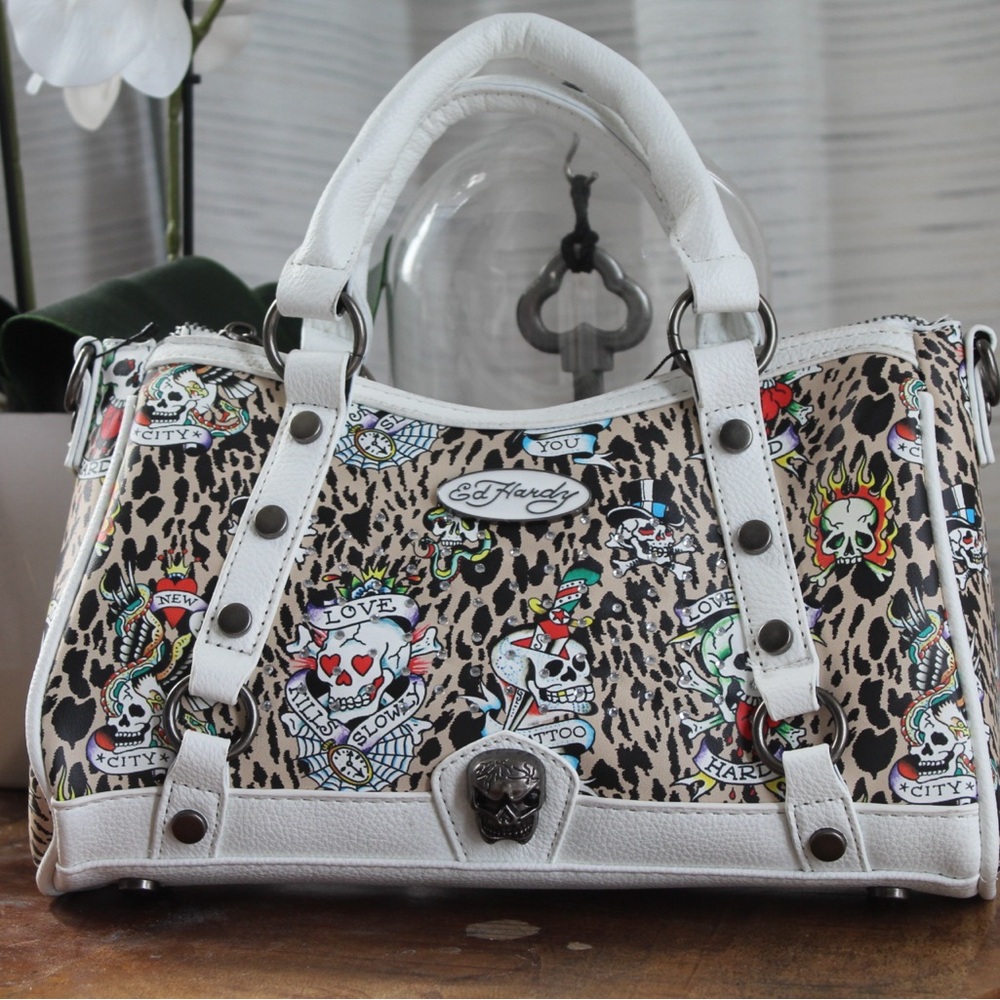 Ed Hardy Y2K Leopard Skull Tattoo Satchel Bag NWT Studded White Trim Purse